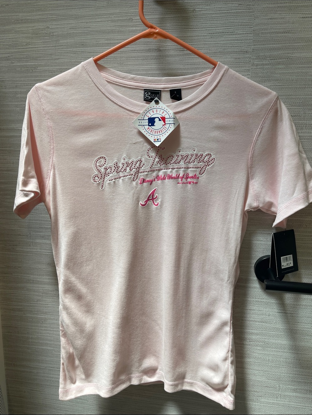 Disney Atlanta Braves Pale Pink Women's Short Sleeve Tee with Embroidered Script